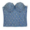 Women's Denim Rhinestone Corset Top Sexy Club Party Jean Bodysuit