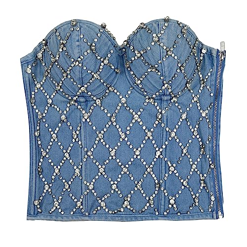 Women's Denim Rhinestone Corset Top Sexy Club Party Jean Bodysuit