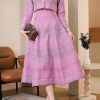 Women's Two-Piece Jacquard Dress Set, Pink Floral Pattern, Long Sleeve Cropped Jacket with Brooch, Midi A-Line Skirt