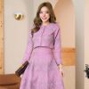 Women's Two-Piece Jacquard Dress Set, Pink Floral Pattern, Long Sleeve Cropped Jacket with Brooch, Midi A-Line Skirt