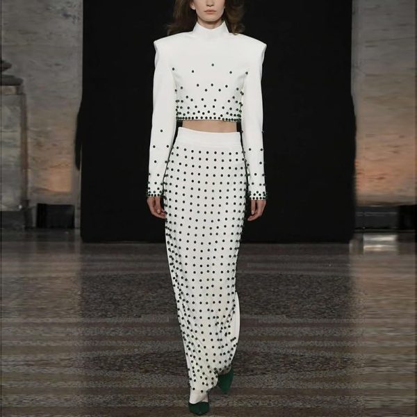 Women's Skirt Suit Spring Autumn Cropped Stand Collar Long Sleeve Top Slim Fit Skirt 2 Piece Set