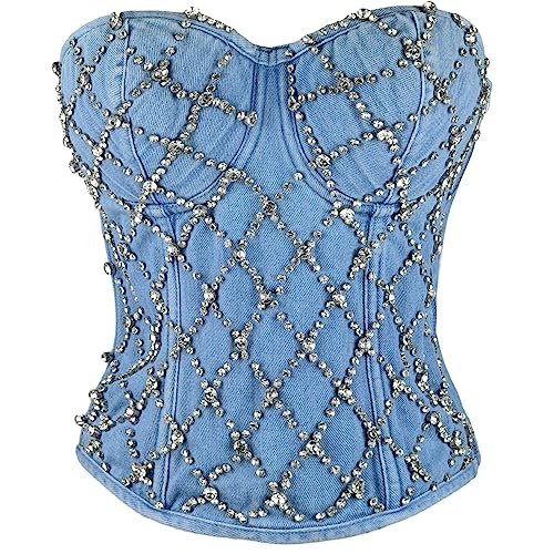 Women's Denim Rhinestone Corset Top Sexy Club Party Jean Bodysuit