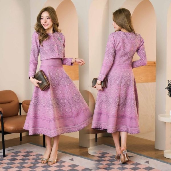 Women's Two-Piece Jacquard Dress Set, Pink Floral Pattern, Long Sleeve Cropped Jacket with Brooch, Midi A-Line Skirt