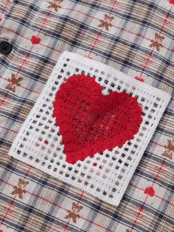 Cut-Out Heart Short Sleeve Shirt Collar Button Down Plaid Casual Tshirt Tops