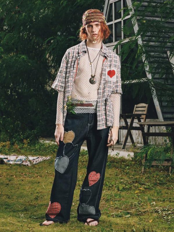 Cut-Out Heart Short Sleeve Shirt Collar Button Down Plaid Casual Tshirt Tops